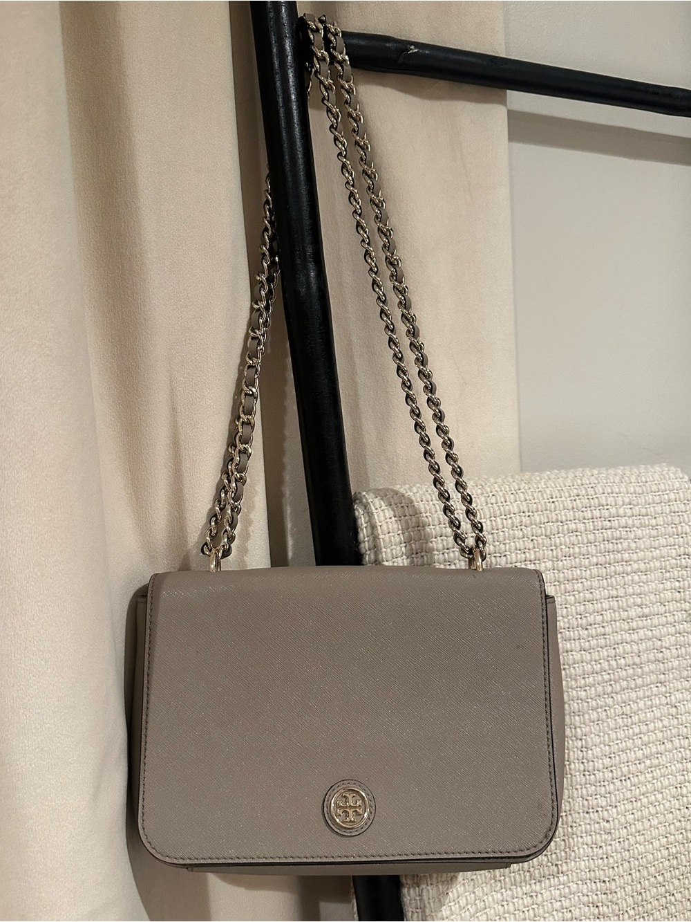 Tory Burch taupe leather shoulder or crossbody bag with gold chain